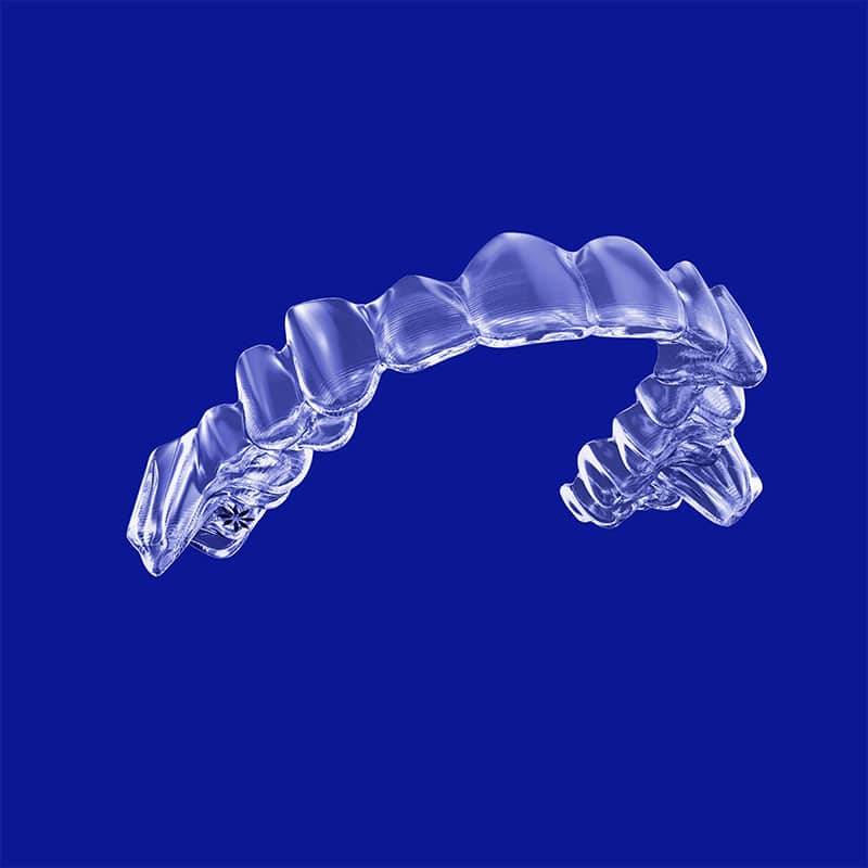 3-D rendered Invisalign invisible aligner against a royal blue background