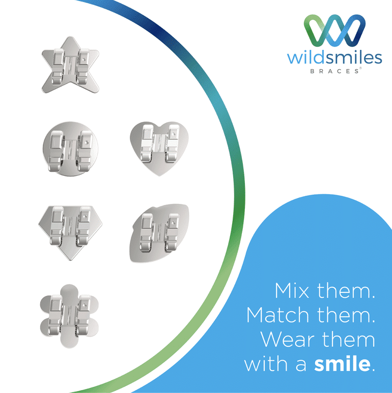 Six orthodontic brackets in various shapes displayed beside the WildSmiles Braces logo and slogan.